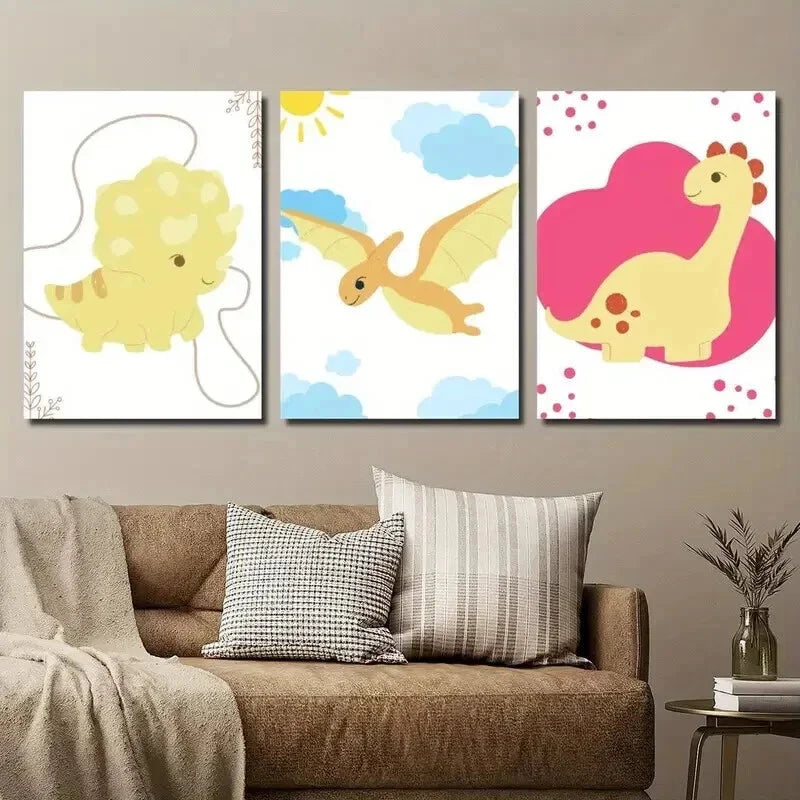 3pcs Cute Cartoon Dinosaur Art Flying Dinosaur Wall Art Set Canvas Framed 40x60cm - High Quality Print 100% Australian Made Wall Canvas Ready to Hang