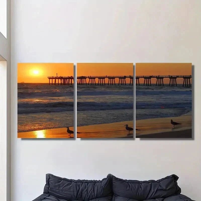 3pcs Sunset Beach Pier Triptych Vibrant Sunset Metal Print Ready to Hang Art