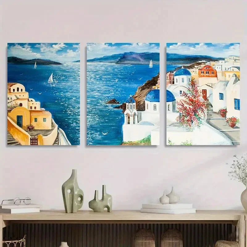 3pcs Blue Dome Architecture with Ocean Sailboats Metal Print Ready to Hang Art