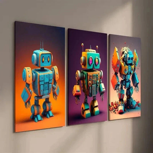 3pcs Blue & Orange Toy Robots Decor Wall Art Set Canvas Framed 40x60cm - High Quality Print 100% Australian Made Wall Canvas Ready to Hang