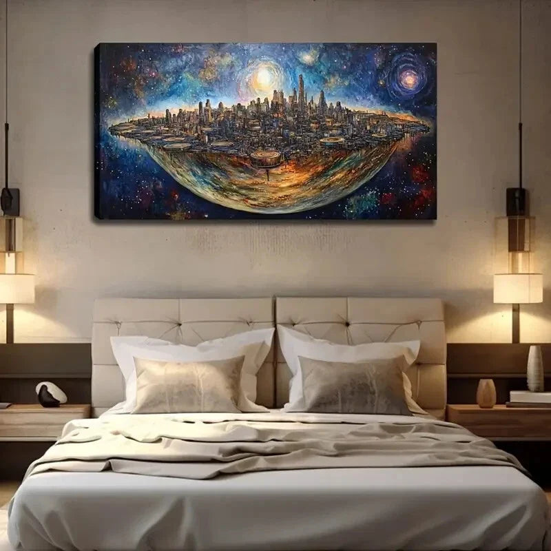 Vibrant Skyline and Celestial Wall Art Canvas Office Home Room Framed 120x60cm