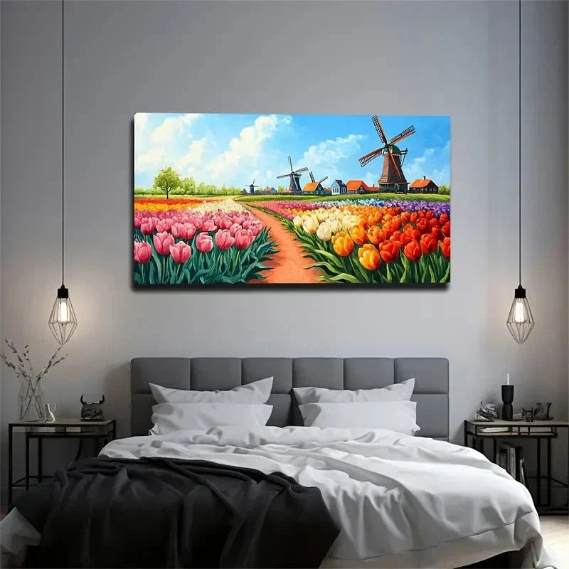 Vibrant Tulips & Dutch Windmill Wall Art Canvas Office Home Room Framed 80x45cm