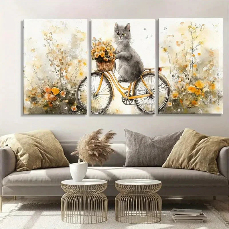 3pcs Whimsical Cat Bicycle Vibrant Perfect Wall Art Set Canvas Framed 40x60cm - High Quality Print 100% Australian Made Wall Canvas Ready to Hang