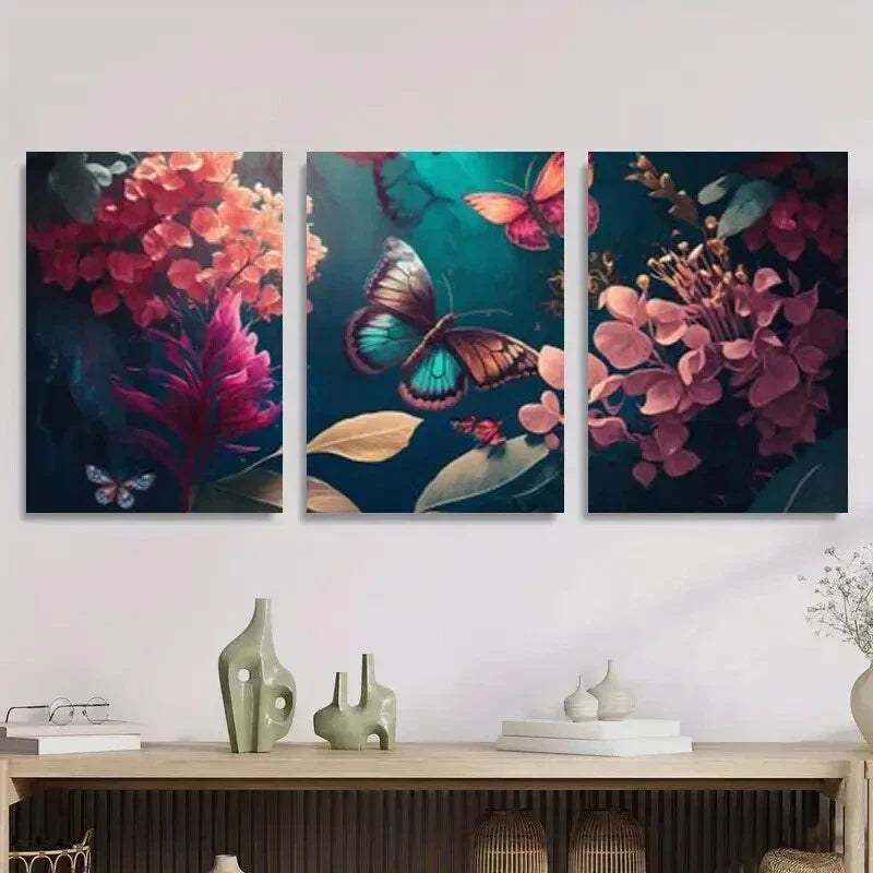 3pcs Vibrant Butterfly & Flower Pink & Orange Metal Print Ready to Hang Art