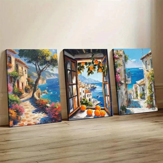 3pcs Mediterranean Orange Windows Wall Art Set Canvas Framed 40x60cm - High Quality Print 100% Australian Made Wall Canvas Ready to Hang