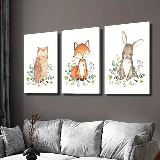 3pcs Cute Owl Fox and Rabbit Decoration Wall Art Set Canvas Framed 40x60cm - High Quality Print 100% Australian Made Wall Canvas Ready to Hang