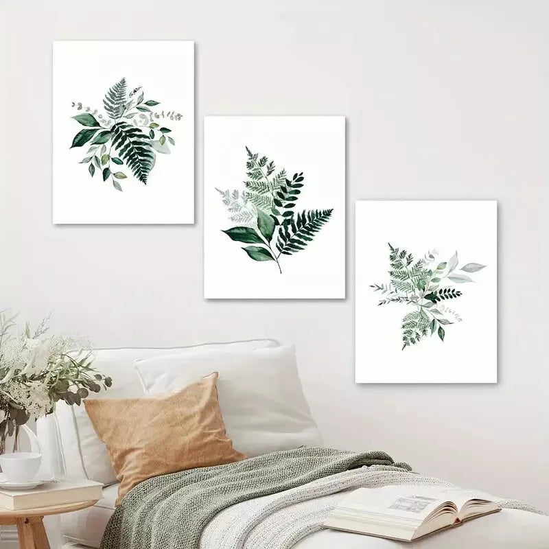 3pcs Elegant Foliage Watercolor Green Leaf Wall Art Set Canvas Framed 40x60cm - High Quality Print 100% Australian Made Wall Canvas Ready to Hang