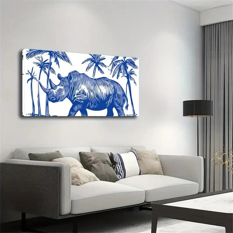 A Blue Line Outline Rhinoceros Wall Art Canvas Office Home Room Framed 120x60cm