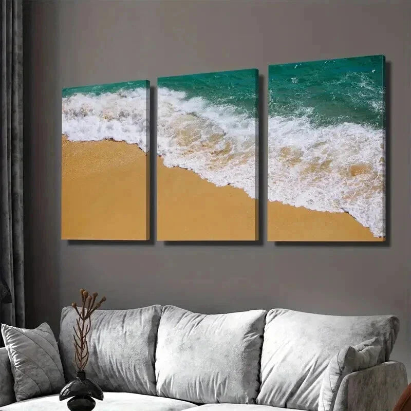 3pcs Beach Wave Ocean Waves On Sandy Shoreline Wall Art Set Canvas Framed 40x60cm - High Quality Print 100% Australian Made Wall Canvas Ready to Hang