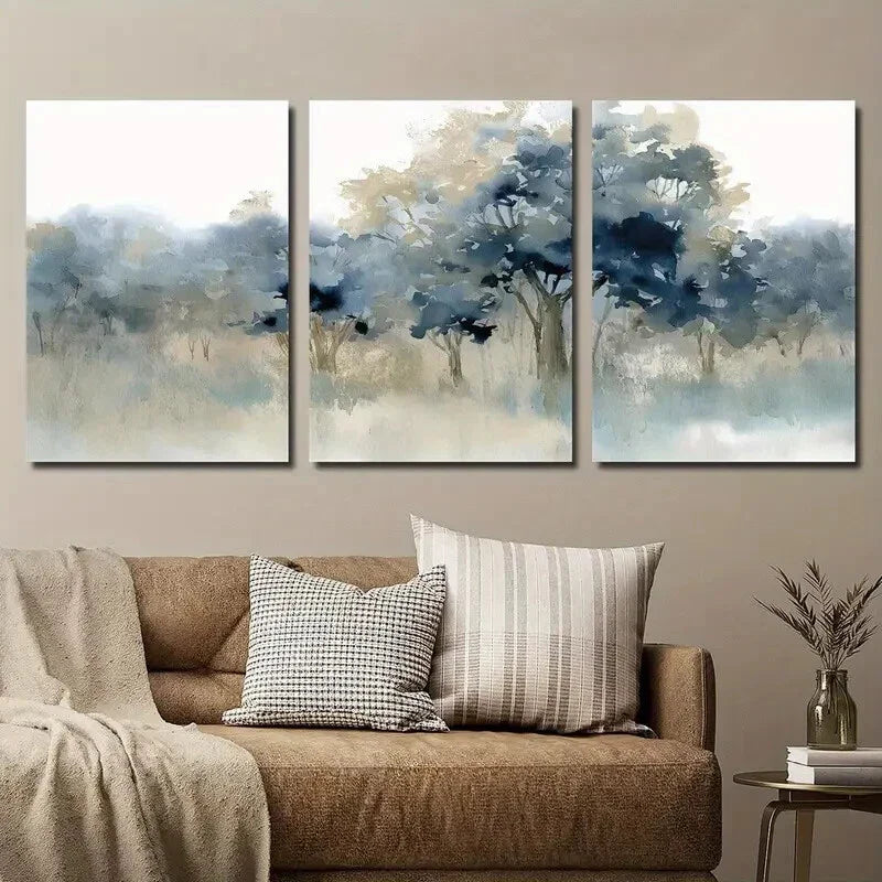 3pcs Indigo and Beige Forest Landscape Wall Art Set Canvas Framed 40x60cm - High Quality Print 100% Australian Made Wall Canvas Ready to Hang