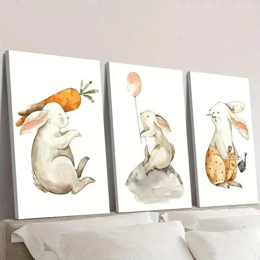 3pcs Rabbits with Carrot & Balloon Wall Art Set Canvas Framed 40x60cm - High Quality Print 100% Australian Made Wall Canvas Ready to Hang