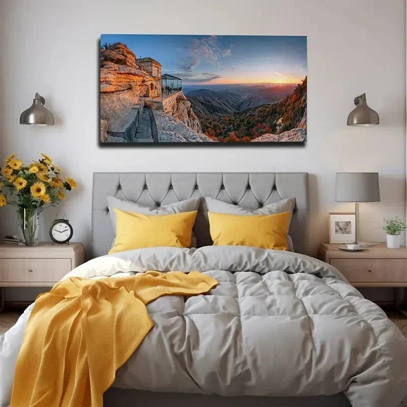 Scenic Cliffside Hotel Wall Art Canvas Office Home Room Framed 120x60cm