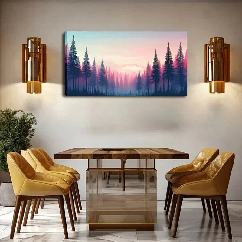 Vibrant Sunset Pine Tree Scene Wall Art Canvas Office Home Room Framed 120x60cm