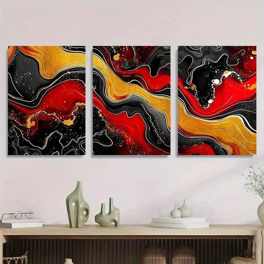 3pcs Black, Red, and Golden Fluid Art with Bold Metal Print Ready to Hang Art
