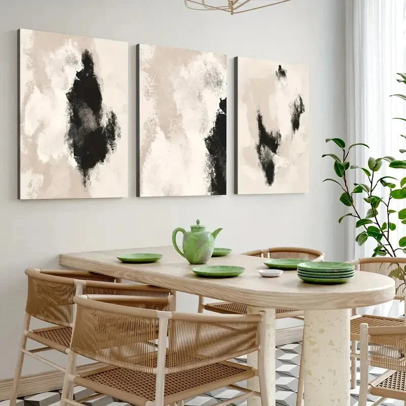 3pcs Abstract Black Neutral Beige Geometric Wall Art Set Canvas Framed 40x60cm - High Quality Print 100% Australian Made Wall Canvas Ready to Hang