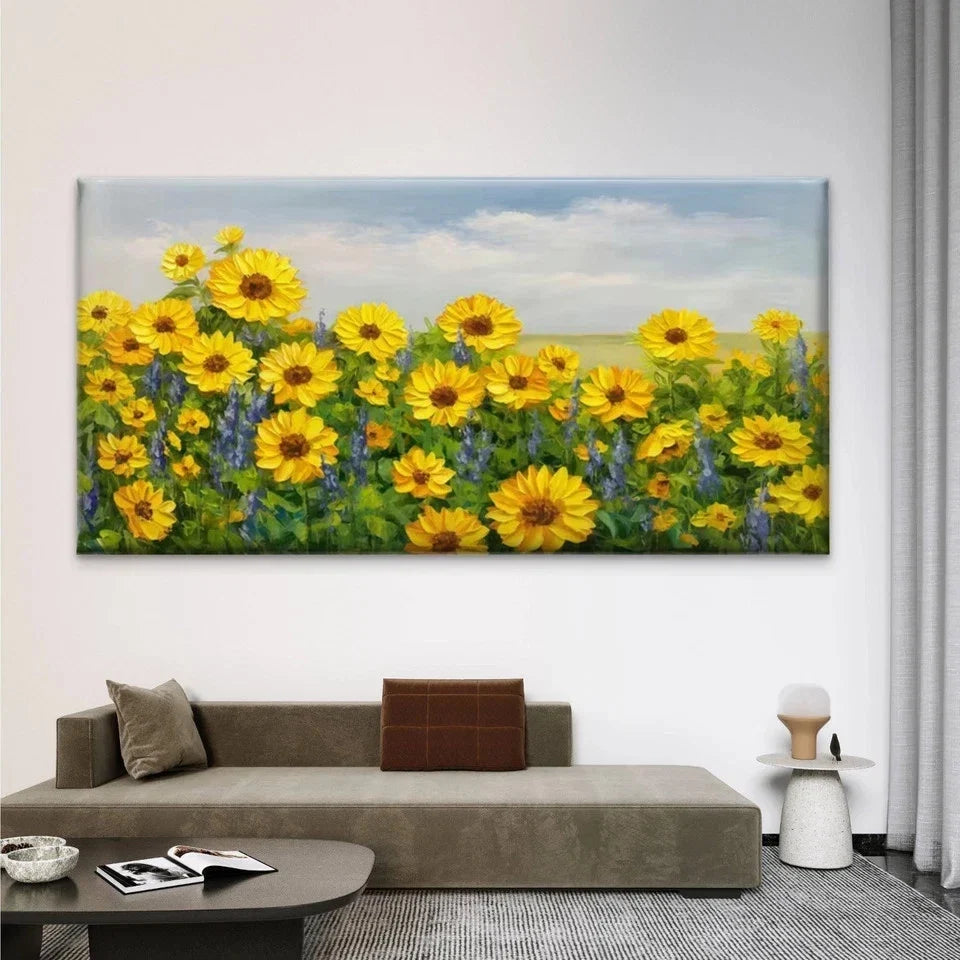 Bright Yellow Sunflower Field Wall Art Canvas Office Home Room Framed 80x45cm