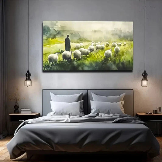 Shepherd Tending Sheep Pastoral Wall Art Canvas Office Home Room Framed 120x60cm