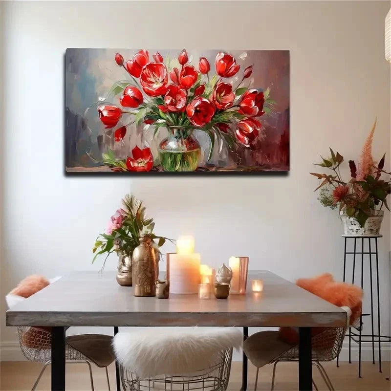 Deep Red Tulips Bohemian Wall Art Canvas Office Home Room Framed 80x45cm