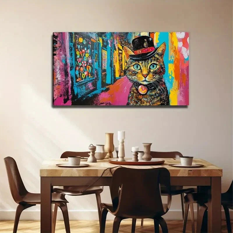 Whimsical Cat In Top Hat Wall Art Canvas Office Home Room Framed 80x45cm