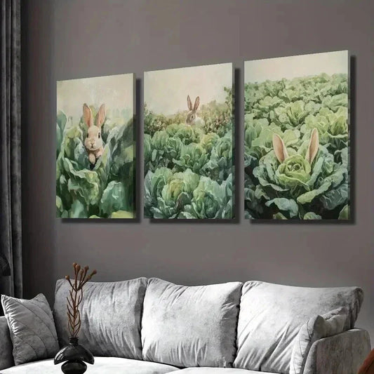 3pcs Rabbits in the Vegetable Garden Wall Art Set Canvas Framed 40x60cm - High Quality Print 100% Australian Made Wall Canvas Ready to Hang