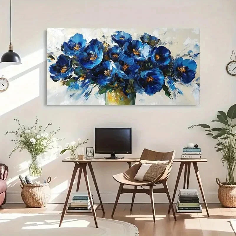Elegant Blue Floral Golden Wall Art Canvas Office Home Room Framed 80x45cm
