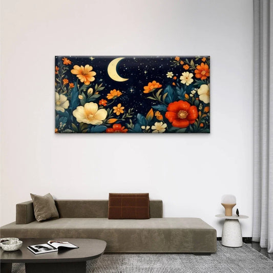 Vibrant Floral Moon Abstract Wall Art Canvas Office Home Room Framed 80x45cm