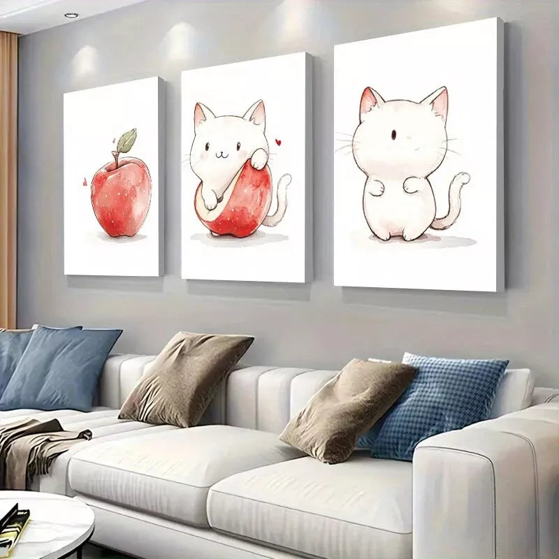 3pcs Adorable Cat and Apple Watercolor l Wall Art Set Canvas Framed 40x60cm - High Quality Print 100% Australian Made Wall Canvas Ready to Hang