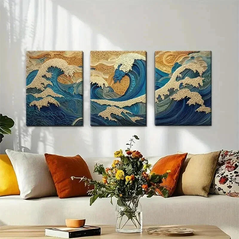 3pcs Inspired Ocean Waves Artwork Perfect Wall Art Set Canvas Framed 40x60cm - High Quality Print 100% Australian Made Wall Canvas Ready to Hang