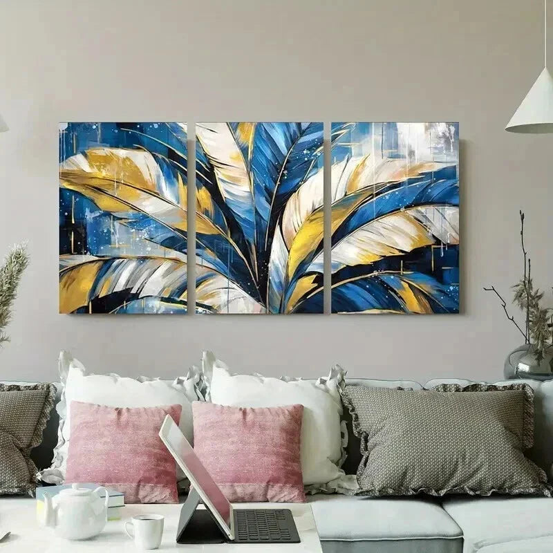 3pcs Blue and Golden Feather Geometric Wall Art Set Canvas Framed 40x60cm - High Quality Print 100% Australian Made Wall Canvas Ready to Hang