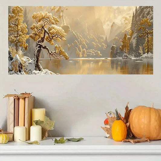Golden Trees & Snowy Mountains Wall Art Canvas Office Home Room Framed 120x60cm