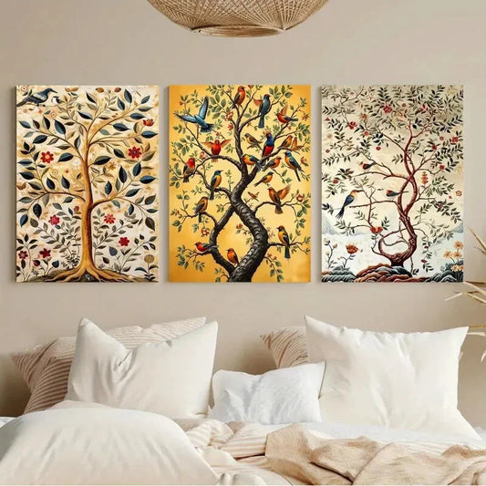 3pcs Colorful Birds and Flowers Painting Metal Print Ready to Hang Art