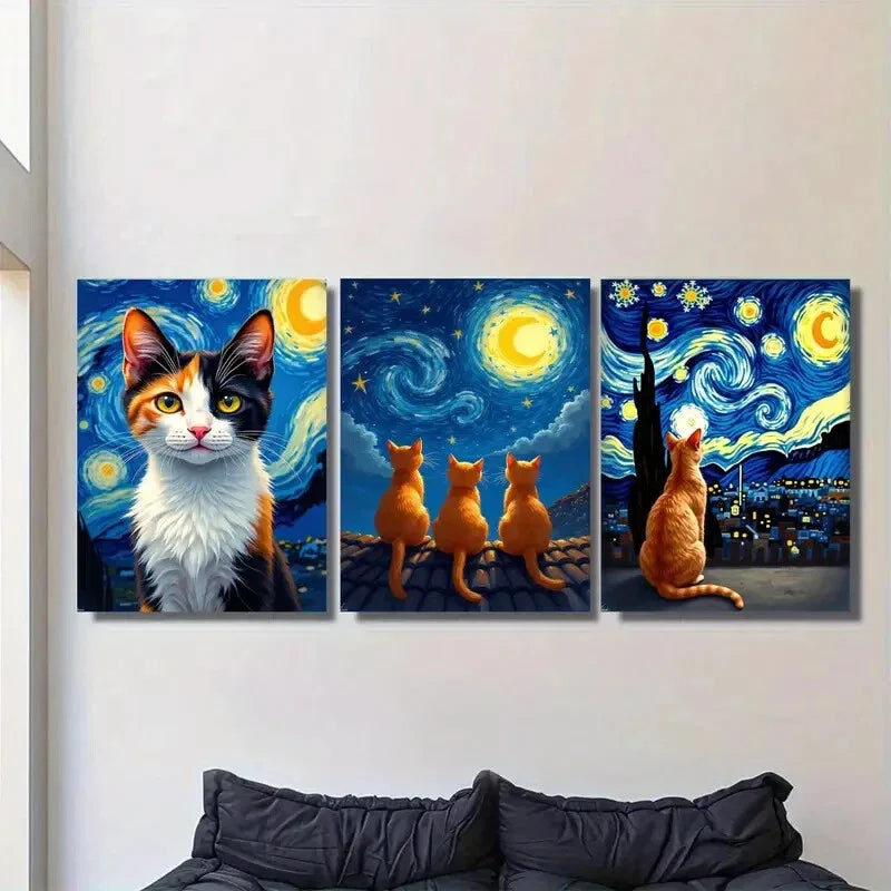 3pcs Starry Night Cat Vibrant Orange, Black Metal Print Ready to Hang Art