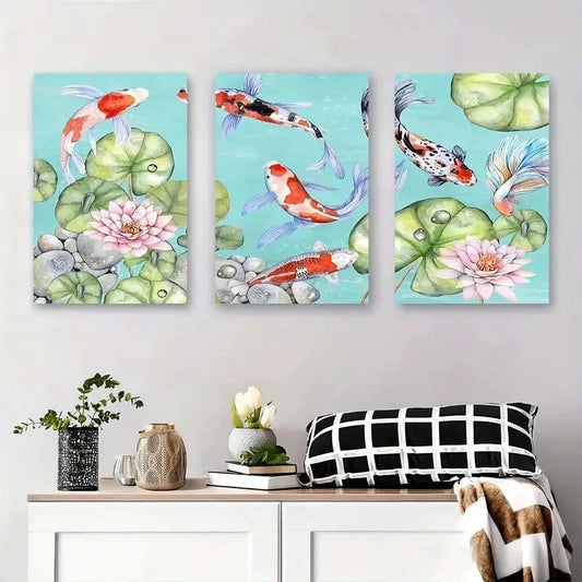 3pcs Koi Fish and for Lotus Watercolor Japanese Metal Print Ready to Hang Art
