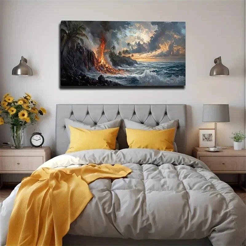 Dramatic Volcano & Ocean Lands Wall Art Canvas Office Home Room Framed 120x60cm