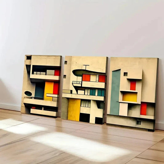 3pcs Abstract Modern Triptych Corbusier Blocks Wall Art Set Canvas Framed 40x60cm - High Quality Print 100% Australian Made Wall Canvas Ready to Hang