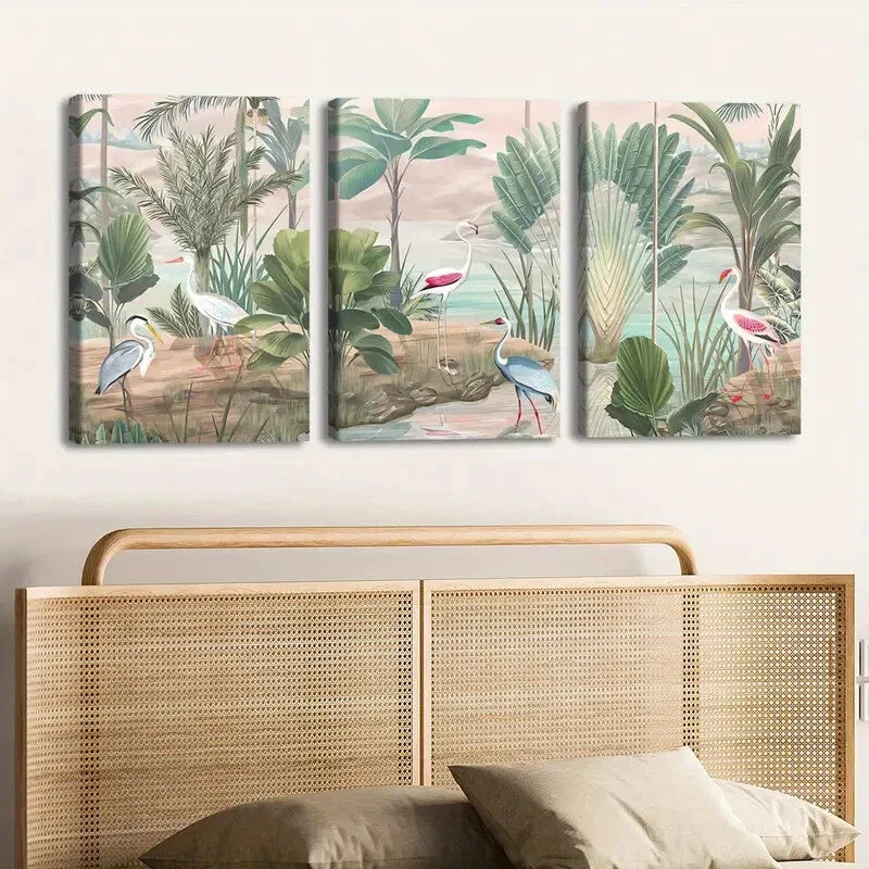 3pcs Tropical Forest & Birds Trees River Clouds Wall Art Set Canvas Framed 40x60cm - High Quality Print 100% Australian Made Wall Canvas Ready to Hang