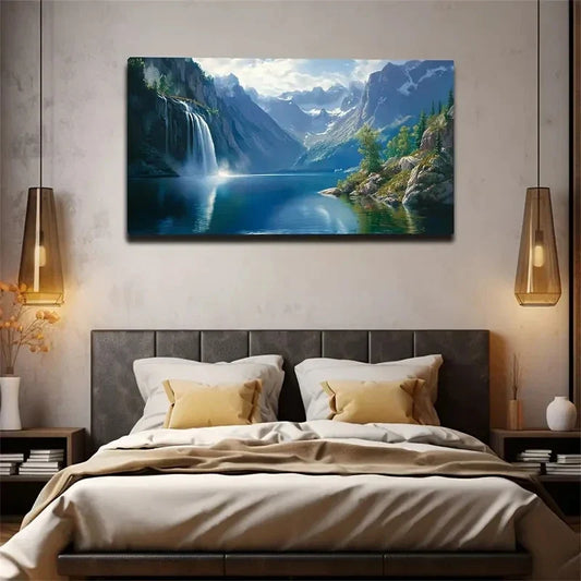 Lake Waterfall Water And Sky Wall Art Canvas Office Home Room Framed 120x60cm