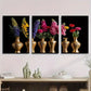 3pcs Colorful Flowers in Golden Vases Metal Print Ready to Hang Art