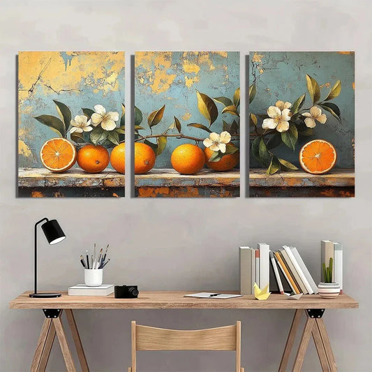 3pcs Vintage Fruits and Flowers Orange and Grey Metal Print Ready to Hang Art