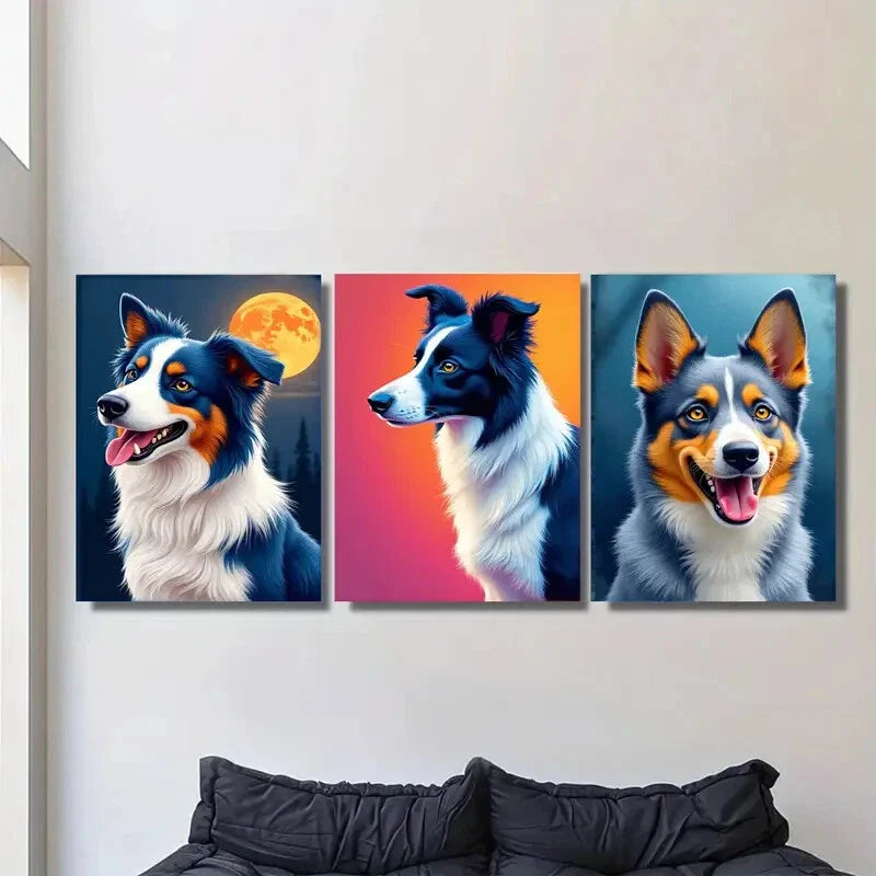 3pcs Colorful Border Collie Dog Moonlit Sky Metal Print Ready to Hang Art