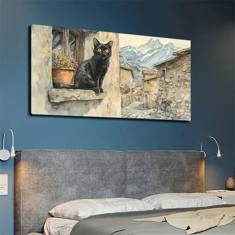 A Black Cat with Yellow Pupils Wall Art Canvas Office Home Room Framed 80x45cm