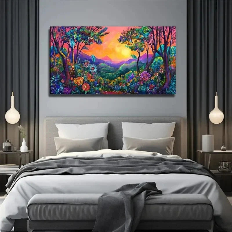 Colorful Grove Sunset Wall Art Canvas Office Home Room Framed 80x45cm