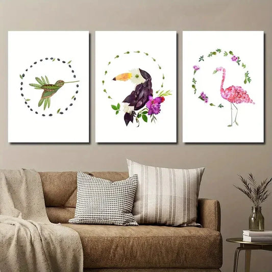 3pcs Bird Murals Flowers Tropical Hummingbird Metal Print Ready to Hang Art
