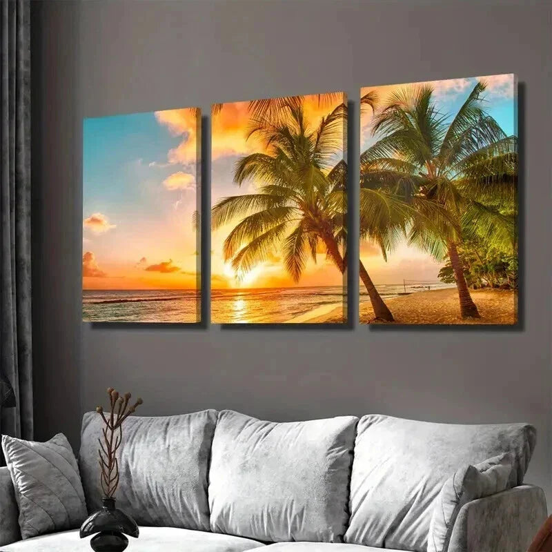 3pcs Vibrant Sunset Palm Tree Beach Sunset Wall Art Set Canvas Framed 40x60cm - High Quality Print 100% Australian Made Wall Canvas Ready to Hang