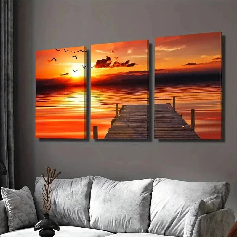 3pcs Orange Pink Blue Sunset With Birds Wall Art Set Canvas Framed 40x60cm - High Quality Print 100% Australian Made Wall Canvas Ready to Hang