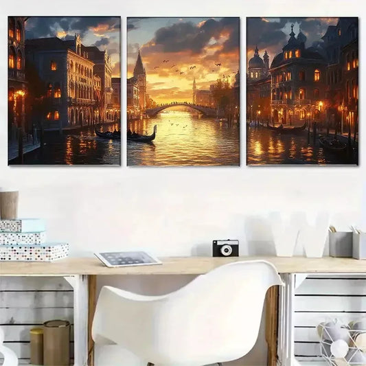 3pcs Venice Canals at Sunset Triptych Wall Art Set Canvas Framed 40x60cm - High Quality Print 100% Australian Made Wall Canvas Ready to Hang