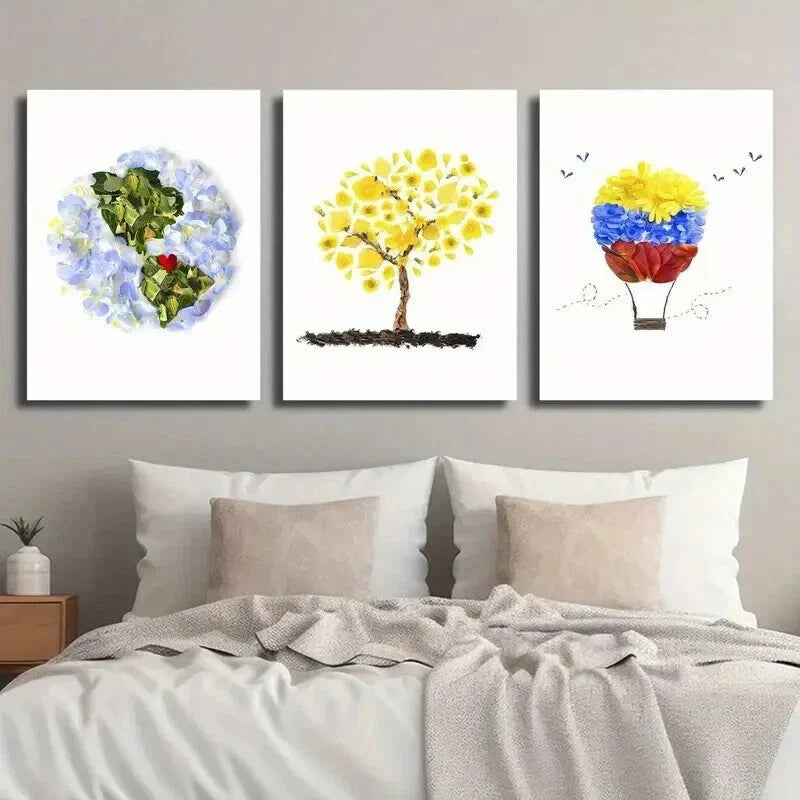 3pcs Floral Hot Air Balloon Colorful Leaf Flower Wall Art Set Canvas Framed 40x60cm - High Quality Print 100% Australian Made Wall Canvas Ready to Hang