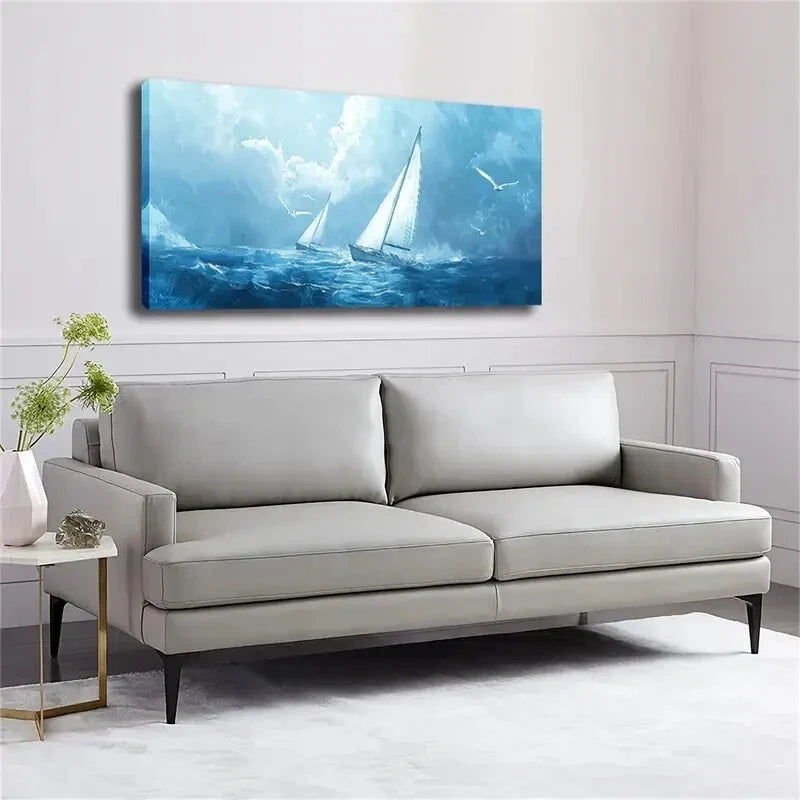 Sailboat Ocean Scene Blue Wall Art Canvas Office Home Room Framed 120x60cm