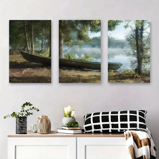 3pcs Serene Lake with Boat, Tranquil Nature Metal Print Ready to Hang Art