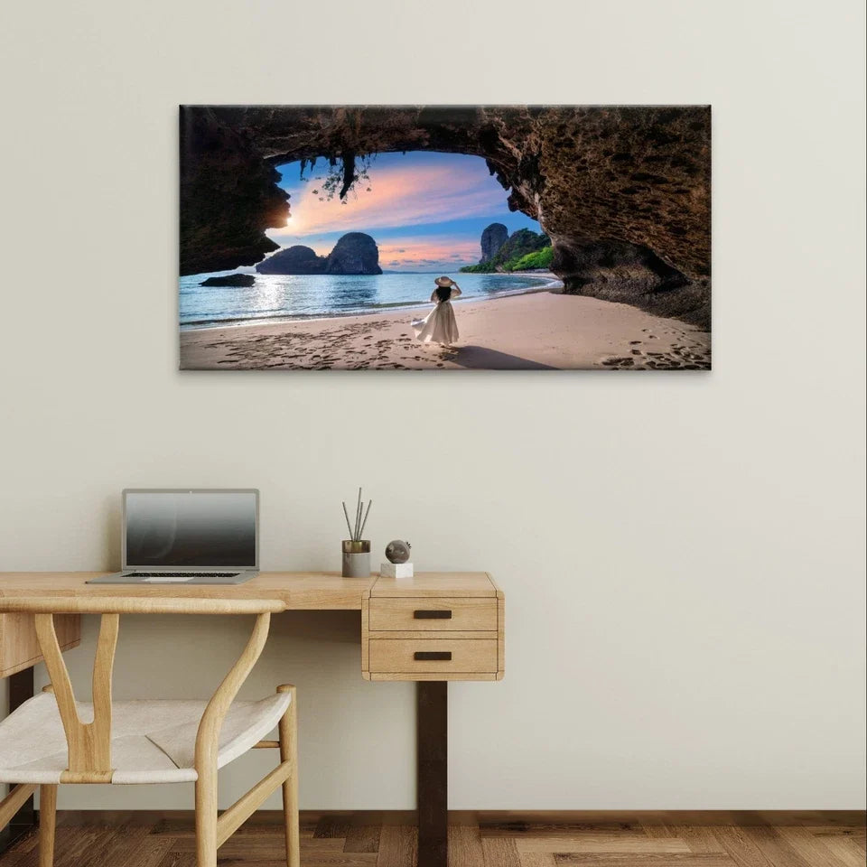 Woman in Tropical Beach and Sunset Wall Art Canvas Office Home Framed 120x60cm